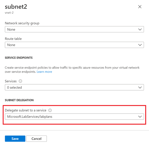 Captura de tela da página de propriedades da sub-rede no portal do Azure, realçando a configuração Delegar sub-rede a um serviço.