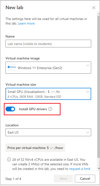 Captura de tela da página Novo laboratório no site do Lab Services, destacando a opção Instalar drivers de GPU.