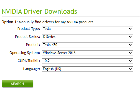 Captura de tela da página de downloads do driver NVIDIA.