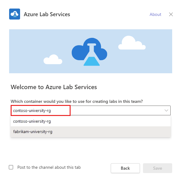 Captura de tela que mostra a caixa de diálogo do Azure Lab Services para selecionar o grupo de recursos para seu plano de laboratório.