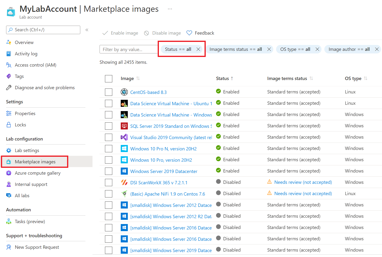 Captura de tela que mostra a página Imagens do Marketplace de uma conta de laboratório. O menu e o filtro de status das Imagens do Marketplace estão realçados.