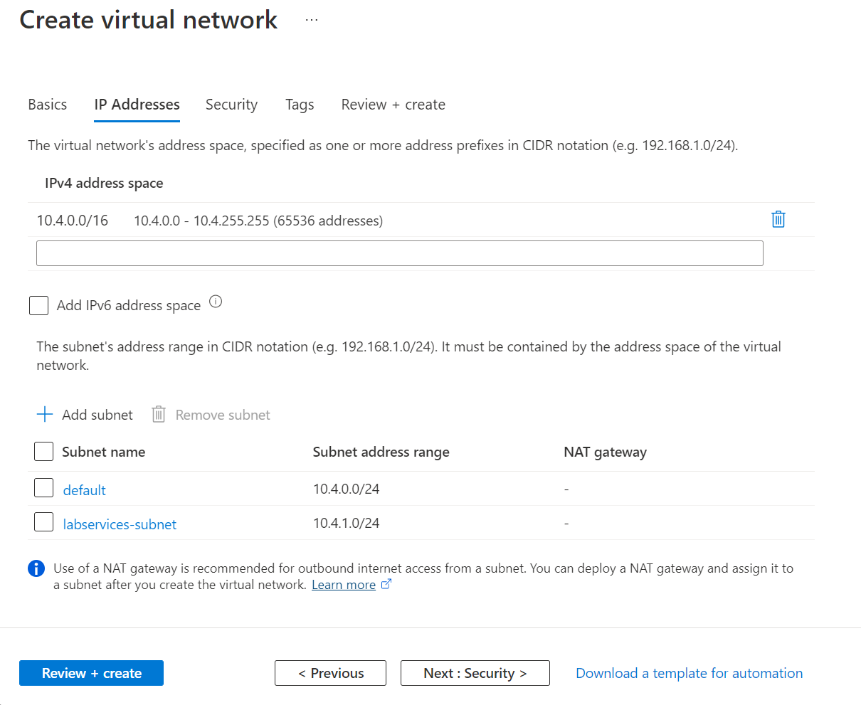 Captura de tela da guia Noções básicas da página Criar rede virtual no portal do Azure.