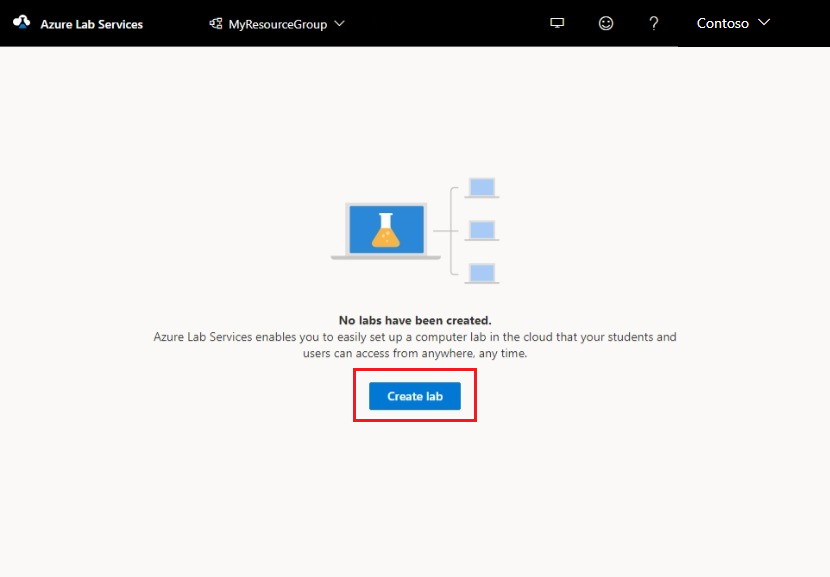 Captura de tela do portal do Azure Lab Services. O botão Novo laboratório está realçado.