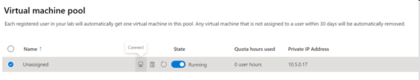 Captura de tela da página Pool de máquinas virtuais para o Azure Lab Services.