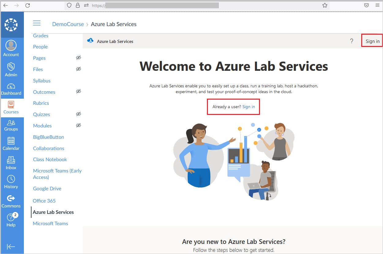 Tela de entrada do Azure Lab Services.