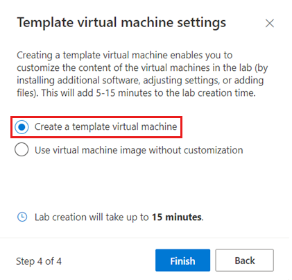 Captura de tela da página Configurações do modelo de máquina virtual, realçando a opção de criar um modelo de VM.