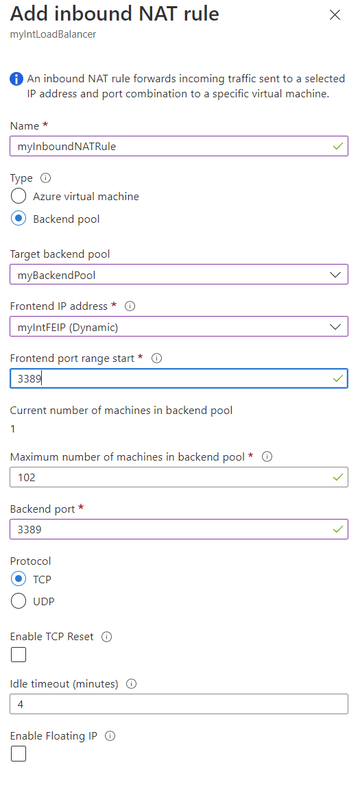 Captura de tela da página de criação “Adicionar regra NAT de entrada” do pool de back-end.