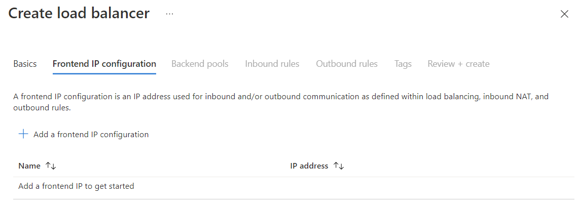 Captura de tela da configuração de criação de IP de front-end.