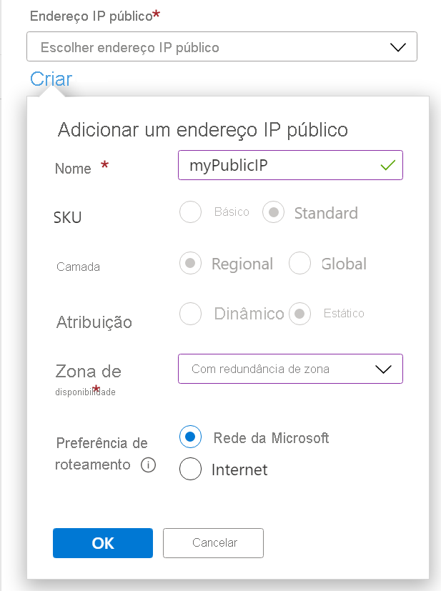 Captura de tela para criar IP público.