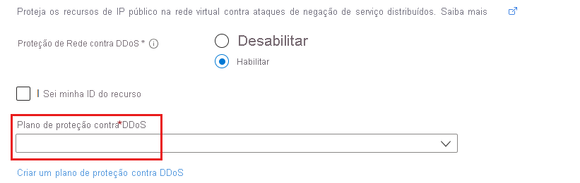 Captura de tela da habilitação do DDoS durante a criação da rede virtual.