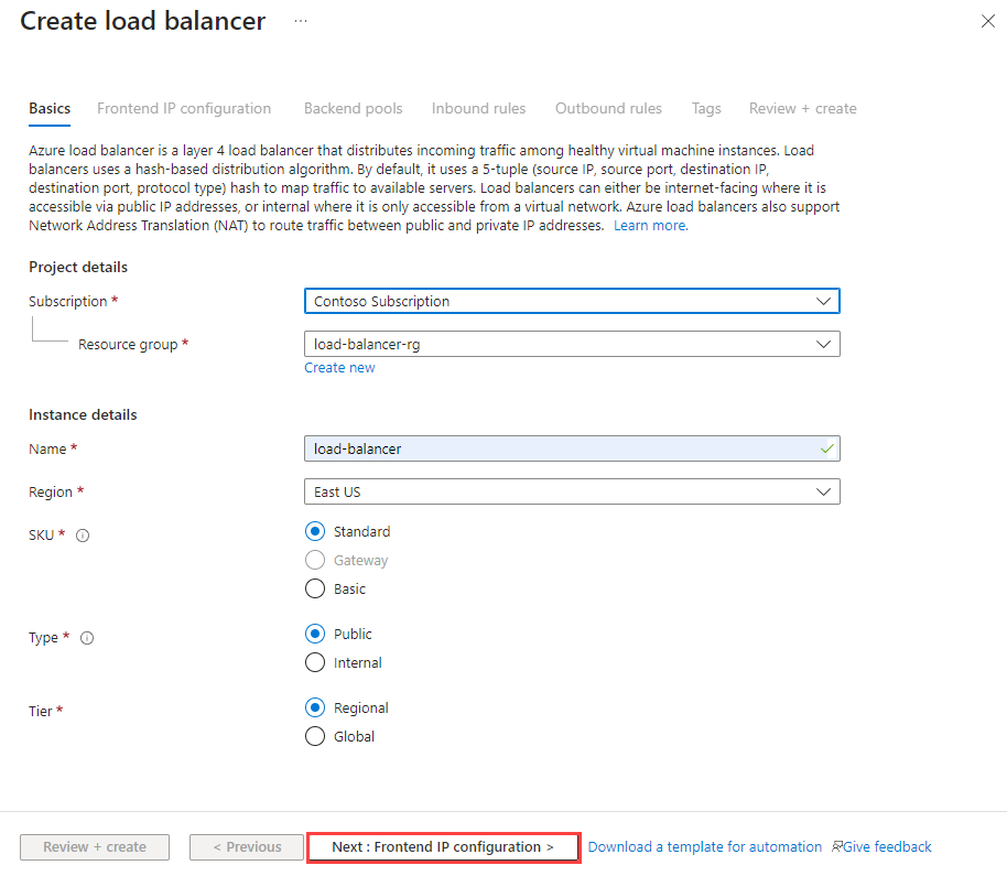 Captura de tela da guia Informações básicas da página Criar Standard Load Balancer.