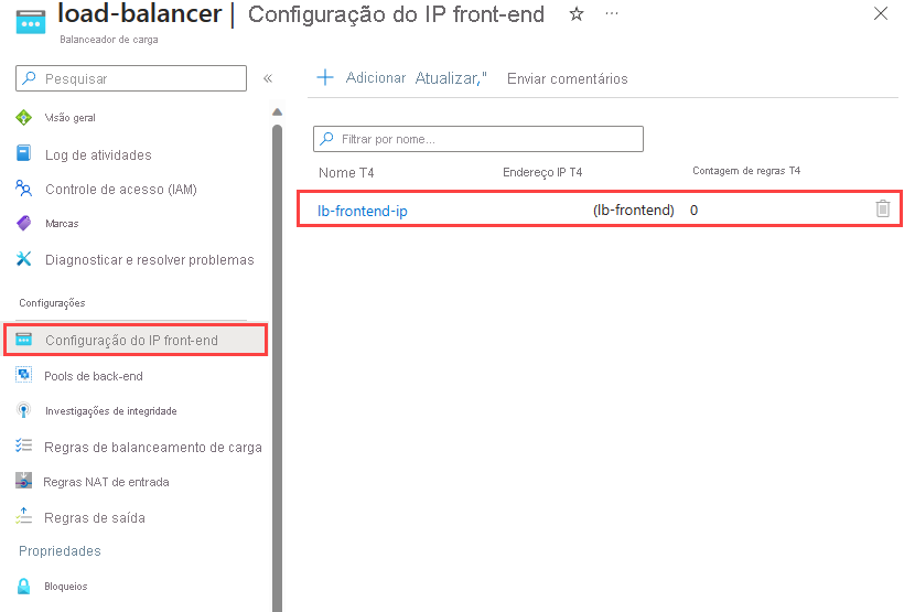 Captura de tela da configuração do IP de front-end.