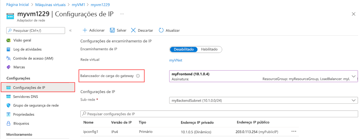 Captura de tela da configuração de IP da nic.