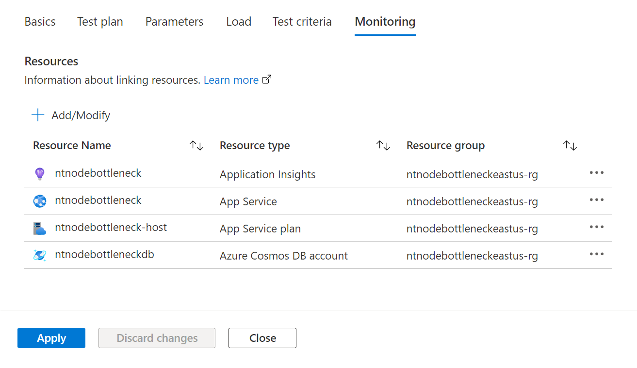 Captura de tela que mostra como configurar os componentes do aplicativo do Azure para monitorar ao criar um teste no portal do Azure.