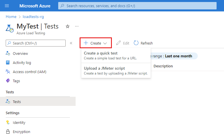 Captura de tela que mostra as opções para criar um novo teste no portal do Azure.