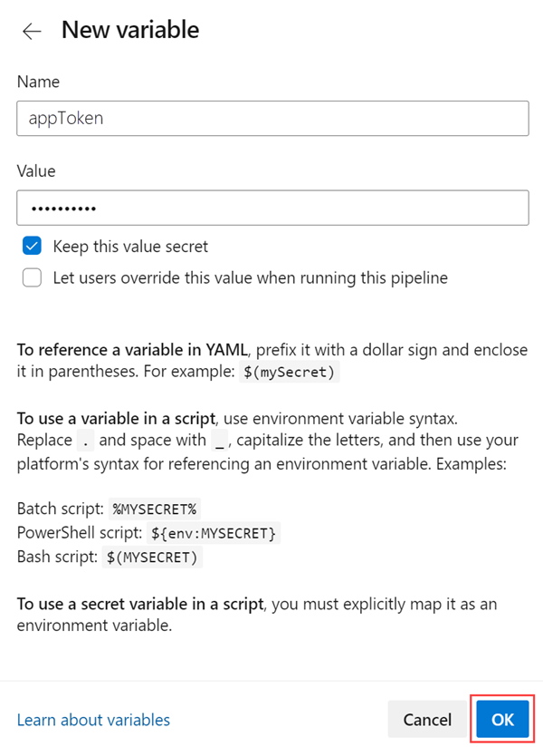 Captura de tela que mostra como adicionar uma variável ao Azure Pipelines.