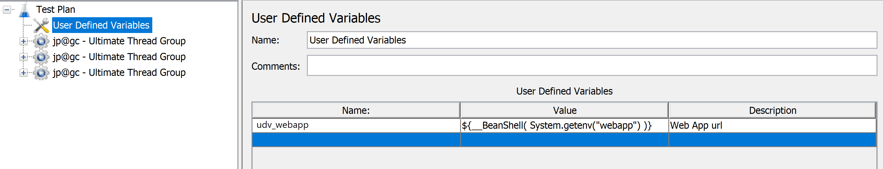 Captura de tela que mostra como adicionar variáveis definidas pelo usuário para variáveis de ambiente ao seu script do JMeter.