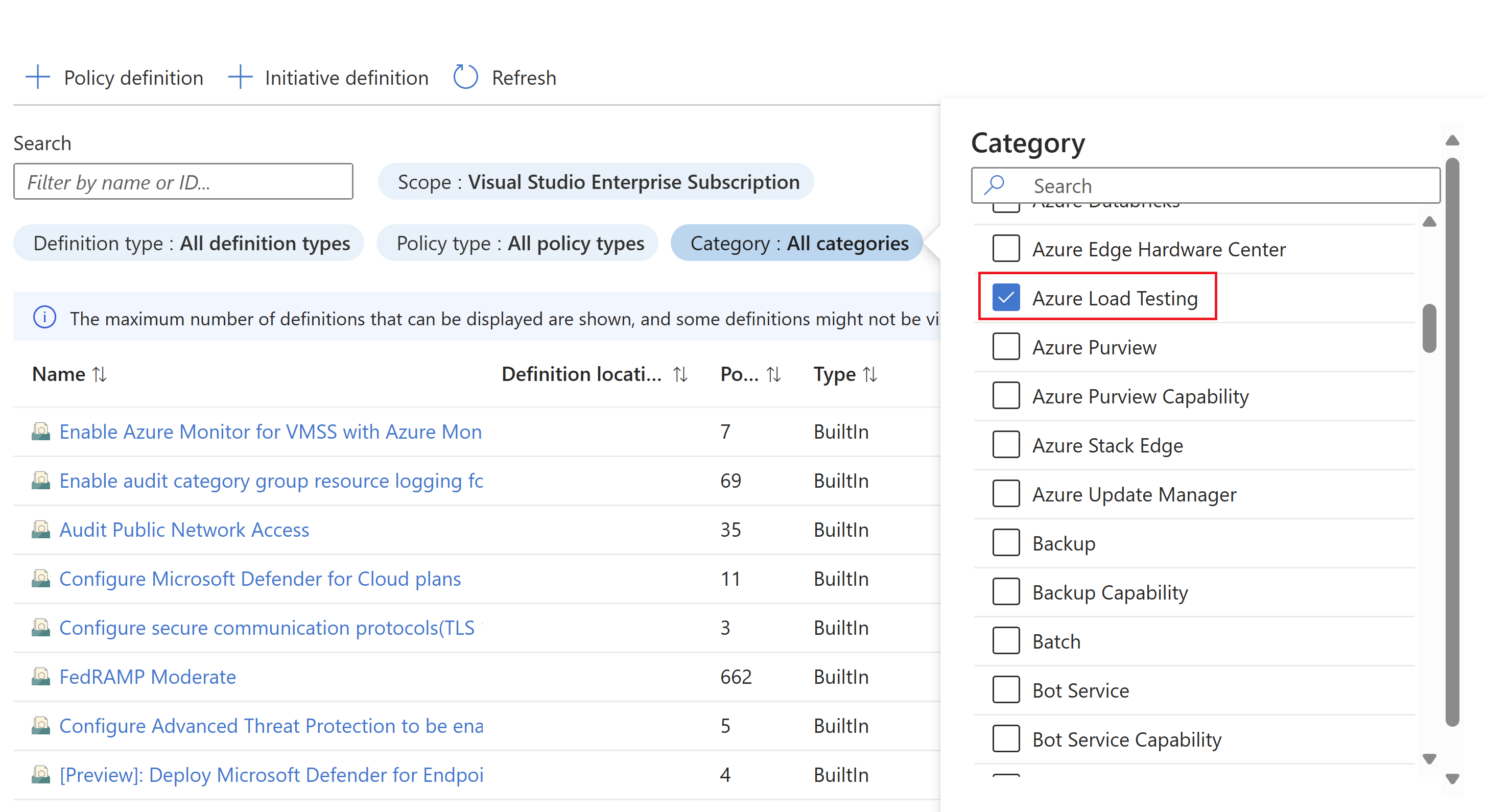 Captura de tela que mostra o Filtro de Categoria e a categoria de Teste de Carga do Azure selecionada.