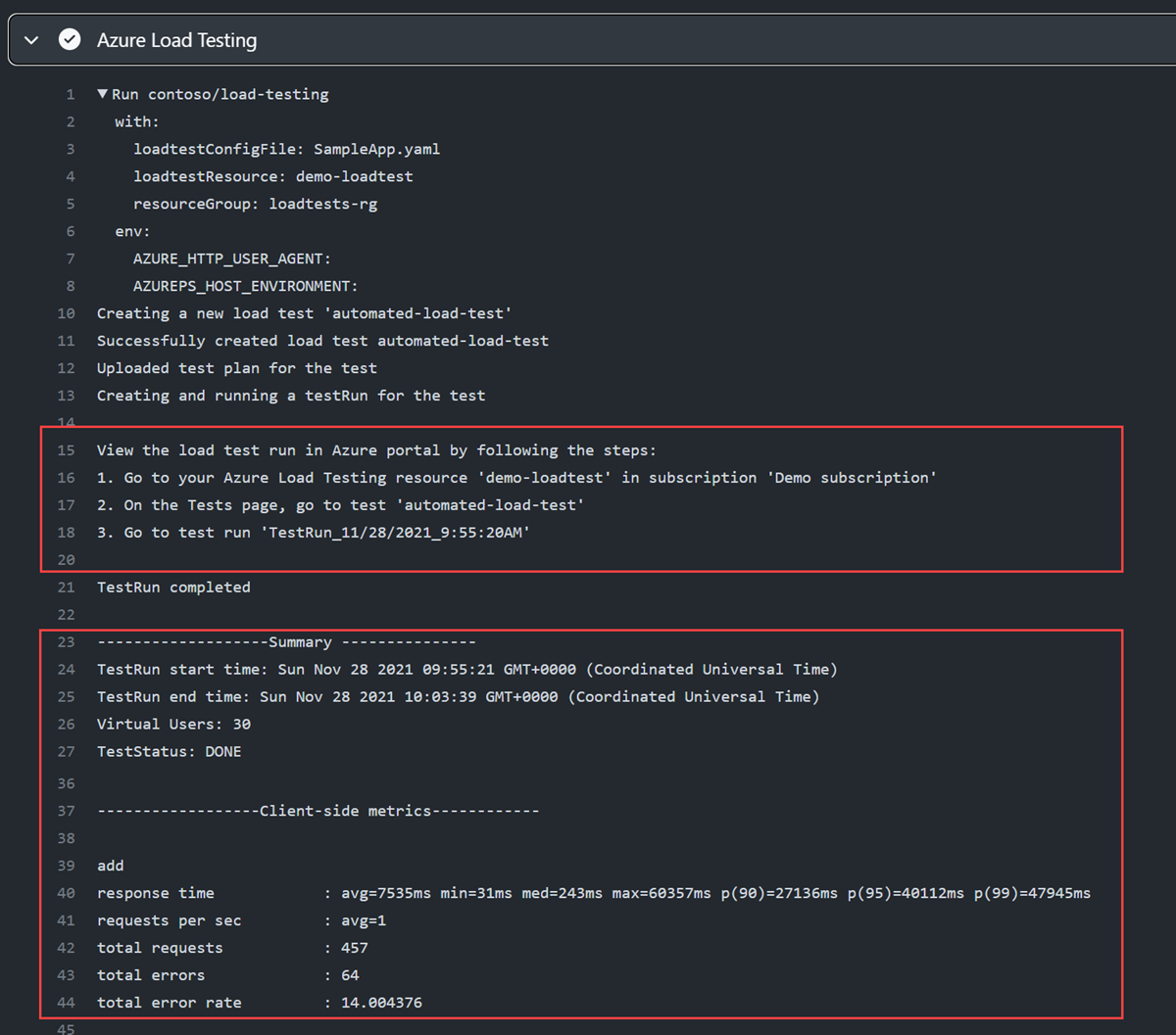 Captura de tela que mostra as informações de log do fluxo de trabalho.