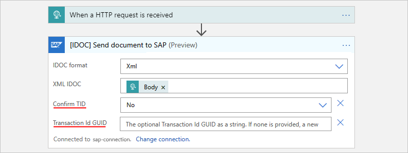 A captura de tela mostra o fluxo de trabalho de Consumo com a ação denominada IDOC Enviar documento para o SAP.