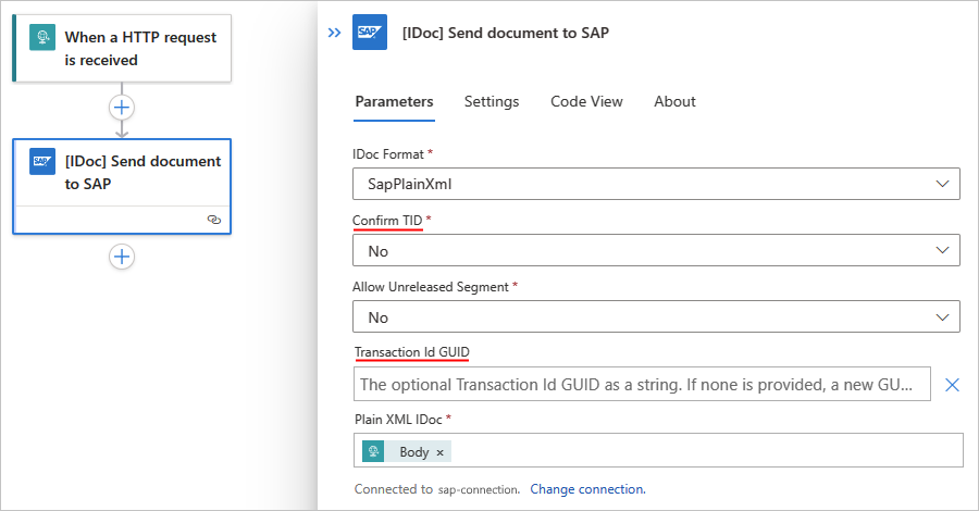 A captura de tela mostra o fluxo de trabalho Standard com a ação denominada IDOC Enviar documento para o SAP.