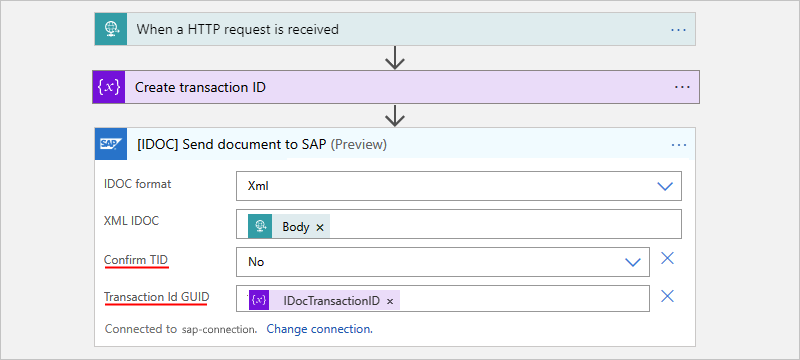 A captura de tela mostra o fluxo de trabalho de Consumo com a ação denominada IDOC Enviar documento para o SAP.