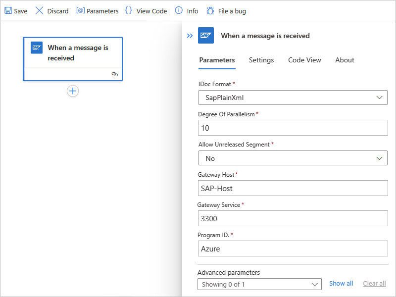 A captura de tela mostra basicamente o gatilho do conector interno do SAP configurado no fluxo de trabalho Standard.