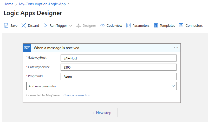 A captura de tela mostra basicamente o gatilho do conector gerenciado SAP configurado no fluxo de trabalho de Consumo.