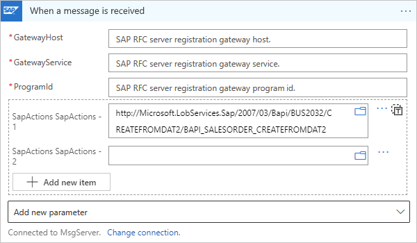 A captura de tela mostra a inserção manual da ação SAP para filtrar mensagens em um fluxo de trabalho de Consumo.