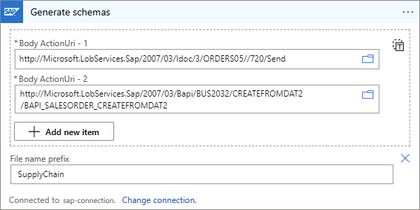 A captura de tela mostra várias ações SAP a serem usadas para gerar vários esquemas.