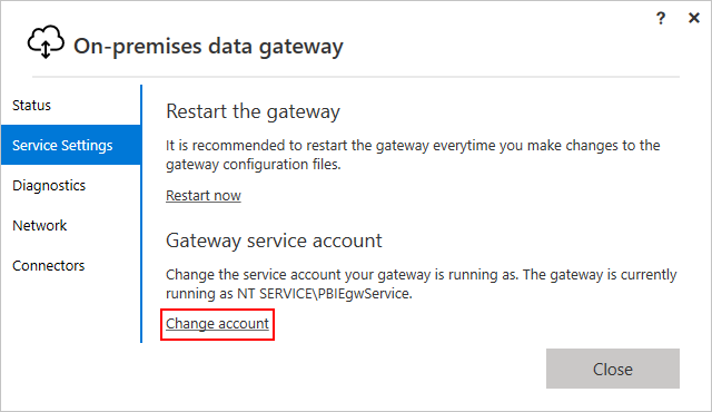 Captura de tela que mostra o instalar do gateway de dados local e a página Configurações do serviço com o botão para alterar a conta de serviço de gateway selecionada.