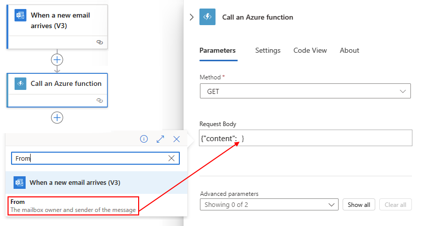 A captura de tela mostra o fluxo de trabalho Standard e uma função com um exemplo do Corpo da Solicitação para o conteúdo do objeto de contexto.