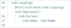 Captura de tela mostrando a exibição do código com relação de looping entre matrizes de origem e destino, Funcionário e Pessoa, respectivamente.