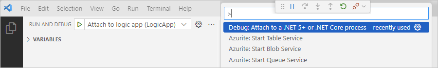 Captura de tela mostrando a lista Executar e Depurar com a opção Anexar ao NET Functions selecionada e o botão Reproduzir selecionado.