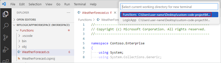 Captura de tela mostrando o Visual Studio Code, o prompt do diretório de trabalho atual e o diretório Functions selecionado.