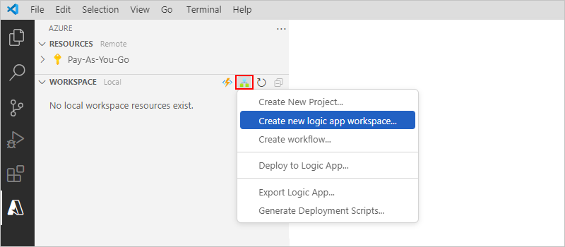 Captura de tela mostrando o Visual Studio Code, a janela do Azure e a opção selecionada para Criar um novo espaço de trabalho de aplicativo lógico.