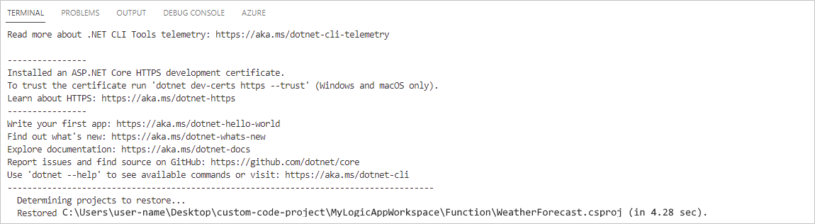 Captura de tela mostrando o Visual Studio Code, a janela Terminal e o comando dotnet restore concluído.