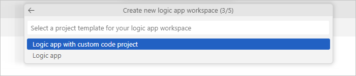 A captura de tela mostra o Visual Studio Code com prompt para selecionar o modelo de projeto para o workspace do aplicativo lógico.