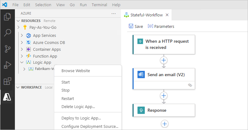 A captura de tela mostra o Visual Studio Code com a seção de Recursos e o recurso de aplicativo lógico implantado.