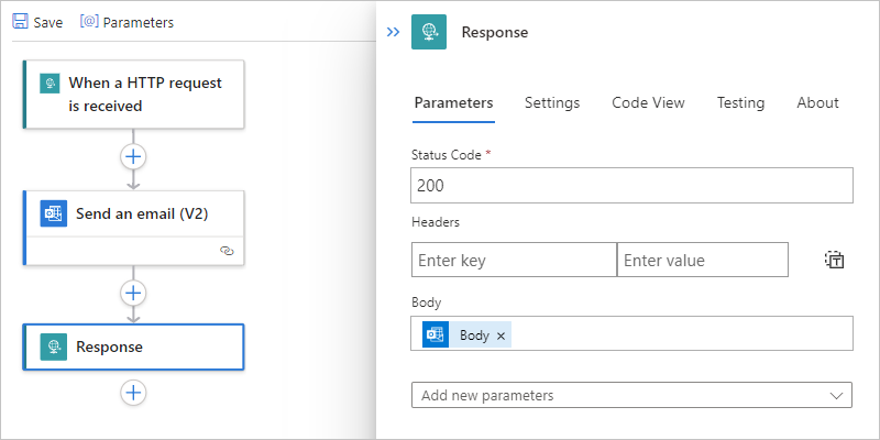 A captura de tela mostra o designer de fluxo de trabalho, o painel de informações de resposta e o parâmetro de Corpo definido para o valor do Corpo para a ação chamada Enviar um email.