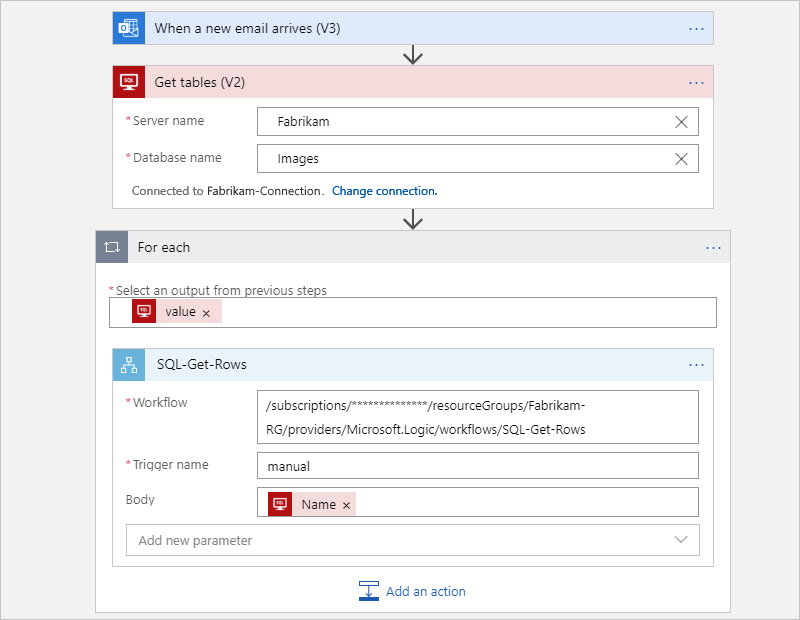 Captura de tela mostrando um fluxo de trabalho de Consumo pai que obtém as tabelas do SQL Server e chama o fluxo de trabalho filho.