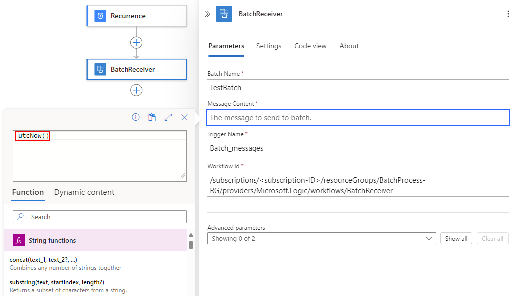 A captura de tela mostra o fluxo de trabalho Consumo, o painel de ação do remetente em lote, a caixa Conteúdo da Mensagem com cursor, o editor de expressões com a função utcNow e outros detalhes.