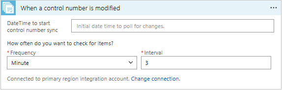 Captura de tela que mostra a configuração DateTime para iniciar a sincronização de números de controle.