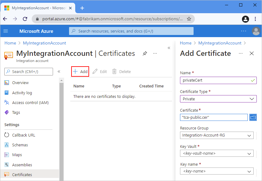 Captura de tela mostrando a portal do Azure e a conta de integração com 