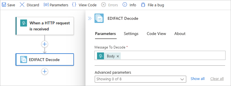 A captura de tela mostra o fluxo de trabalho Standard, a ação chamada Decodificação EDIFACT e as propriedades de decodificação de mensagens.