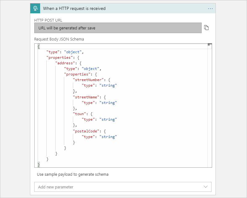 A captura de tela mostra o fluxo de trabalho de Consumo com o gatilho de Solicitação e o parâmetro Esquema JSON do Corpo da Solicitação com um exemplo de esquema.