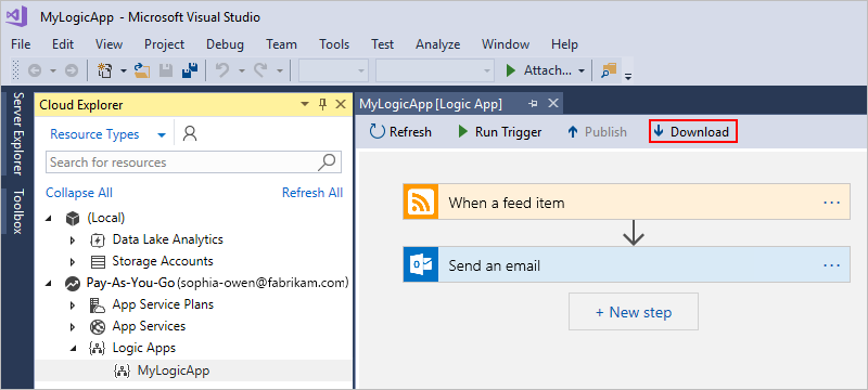 A captura de tela mostra o Visual Studio, a barra de ferramentas do designer e a opção selecionada para baixar o aplicativo lógico no portal do Azure.