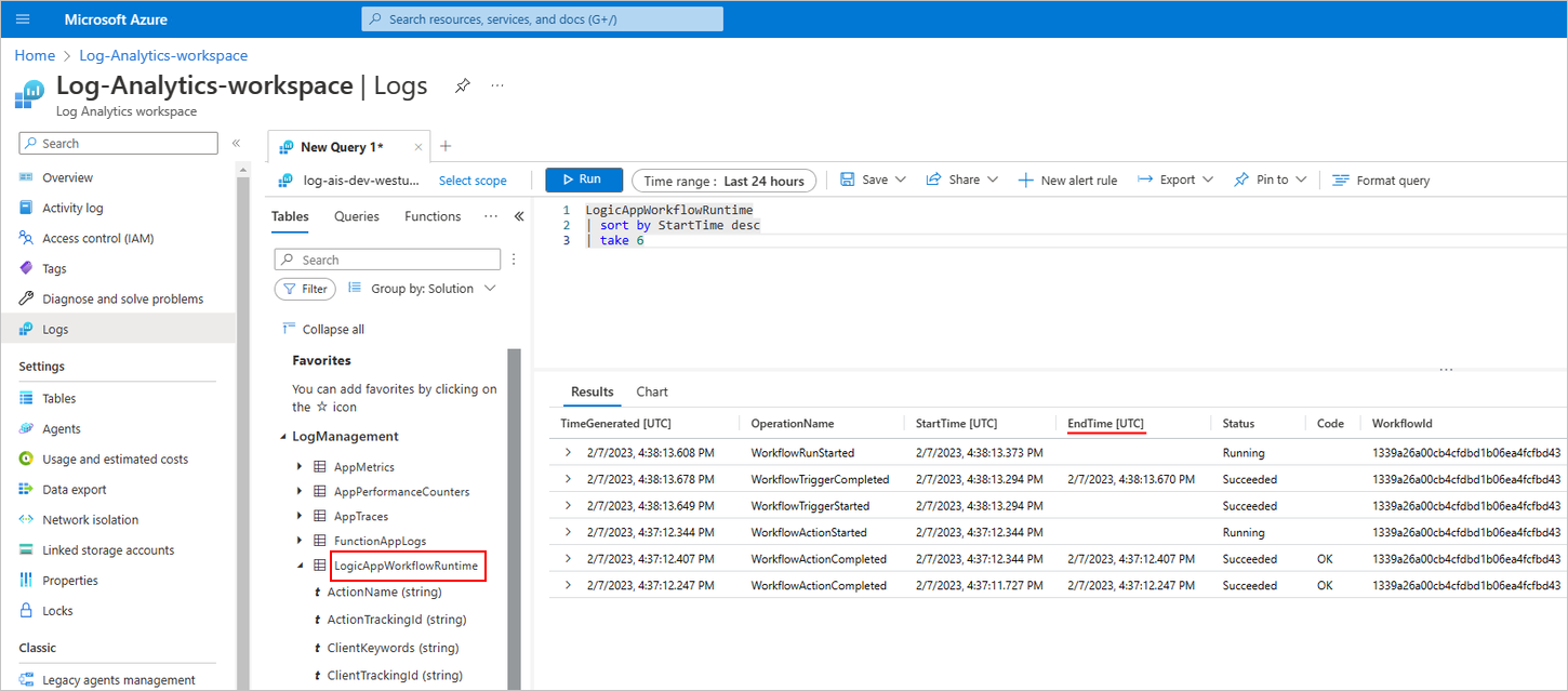 Captura de tela que mostra o portal do Azure, o workspace do Log Analytics e a telemetria capturada para a execução do fluxo de trabalho de aplicativo lógico Standard.