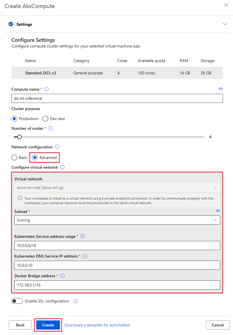 Captura de tela da definição de configurações de rede.