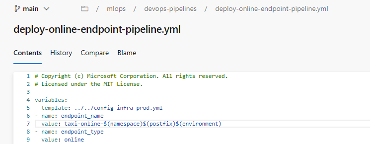 Captura de tela do script de implantação em lote do Azure DevOps.